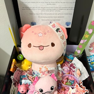 May include: A pink and white Axolotl plush toy is surrounded by smaller Axolotl plush toys, stickers, and other small items in a black gift box. The box is filled with pink and white shredded paper. The box is decorated with a white card with the text "Greetings from Success Dragon Designs on Etsy!" and "You have been blessed with an Axolotl Mega Fan Deluxe Gift Box! We hope you'll enjoy all the goodies inside!"