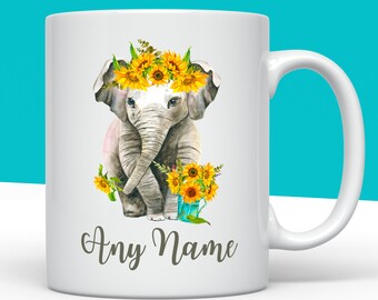 Elephant Mug | Any Name | Sunflower Elephant Mug | Elephant Coffee Mug | Elephant Coffee Cup | Custom Elephant Gift | Elephant Lover Gift