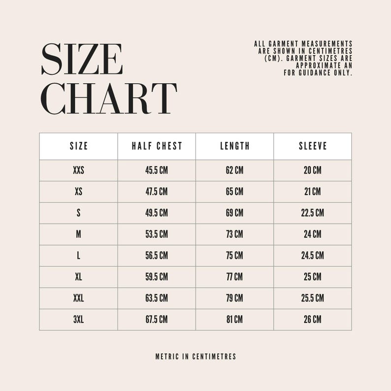 Puede incluir: Una tabla de tallas de ropa con medidas en cent&iacute;metros. Muestra tallas desde XXS hasta 3XL, con medidas de contorno de pecho, largo y manga. El texto indica que las medidas son aproximadas y solo sirven de gu&iacute;a.
