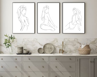 Set Of 3 Bathroom Posters, Bathroom Prints, Female Line Drawing, Bathroom Decor, Dressing Room Decor Prints, Bedroom Prints, Feminine Prints