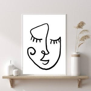 Pu&ograve; includere: Stampa di arte di linea in bianco e nero di un viso stilizzato con gli occhi chiusi. Il viso &egrave; disegnato in uno stile semplice e astratto.