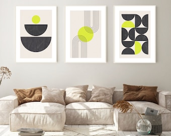 Boho Abstract Wall Prints, Set Of 3 Prints, Living Room Prints, Modern Art, Modern Home Decor, Lime Green Abstract Prints, Contemporary