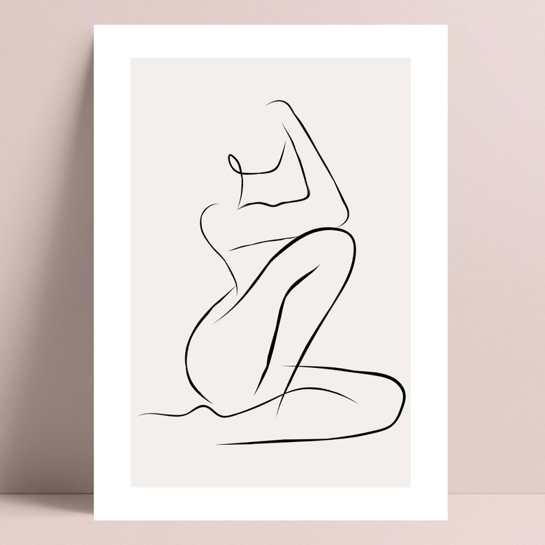 May include: Minimalist line art print featuring a seated figure. The artwork is rendered in a single black line against a neutral background. The figure is depicted in a relaxed, contemplative pose, with arms raised.
