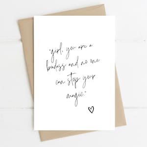 Inspirerende kaart, meisje, je bent een badass, kantoordecor voor haar, nieuw promotiegeschenk, inspirerend cadeau voor haar, nieuwe baan, verhuizing, A6-kaart