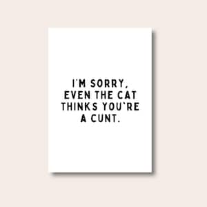 May include: A white card with black text that reads, "I'M SORRY, EVEN THE CAT THINKS YOU'RE A CUNT."