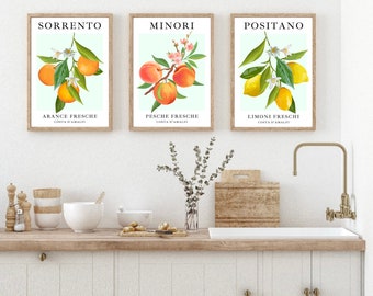 May include: Three framed prints with illustrations of fruit and text. The top of each print reads "Sorrento", "Minori", and "Positano". The bottom of each print reads "Arance Fresche", "Pesche Fresche", and "Limoni Freschi" with the text "Costa d'Amalfi" underneath.