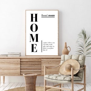 May include: Black and white printable wall art with the word "HOME" defined as "a place where you can look really ugly and enjoy it: there is no place like it!"