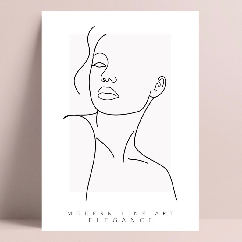 May include: Line art drawing of a woman's face and shoulders. The drawing is in black and white and has a minimalist style. The text "MODERN LINE ART ELEGANCE" is below the drawing.