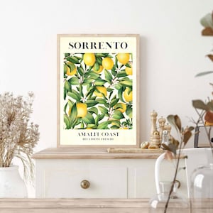 May include: A vintage-style poster with a watercolor illustration of a lemon tree with yellow lemons and green leaves. The poster has the text "SORRENTO" in blue at the top and "AMALFI COAST  BEI LIMONI FRESCHI" in black at the bottom.