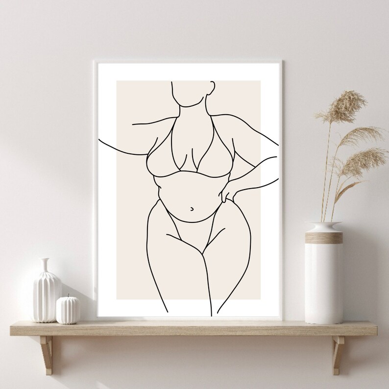 May include: Line art drawing of a person in a swimsuit. The drawing is in black and white and is on a beige background.