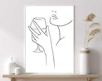 Woman Line Drawing, Single Line Art, Female Line Art Print, Wine Lover Gift, Home Decor, Kitchen Prints, Home Bar, Home Gifts, Home Prints