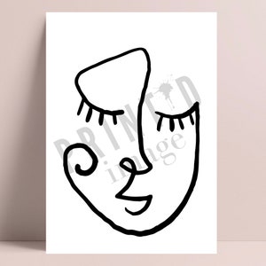 Pu&ograve; includere: Illustrazione in bianco e nero di arte di linea di un viso con gli occhi chiusi. Il viso &egrave; disegnato in uno stile astratto moderno.