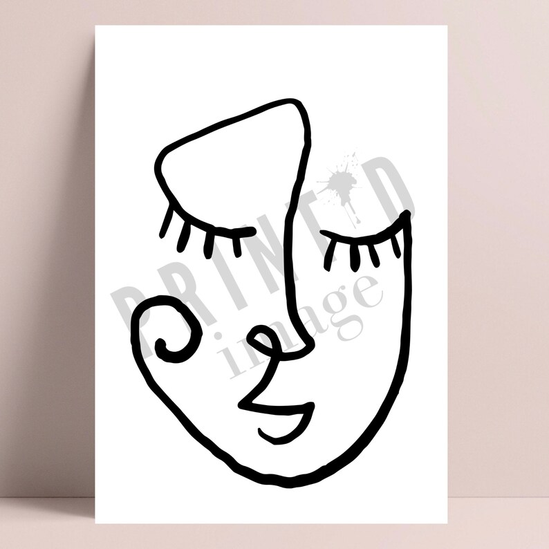 Pu&ograve; includere: Illustrazione in bianco e nero di arte di linea di un viso con gli occhi chiusi. Il viso &egrave; disegnato in uno stile astratto moderno.