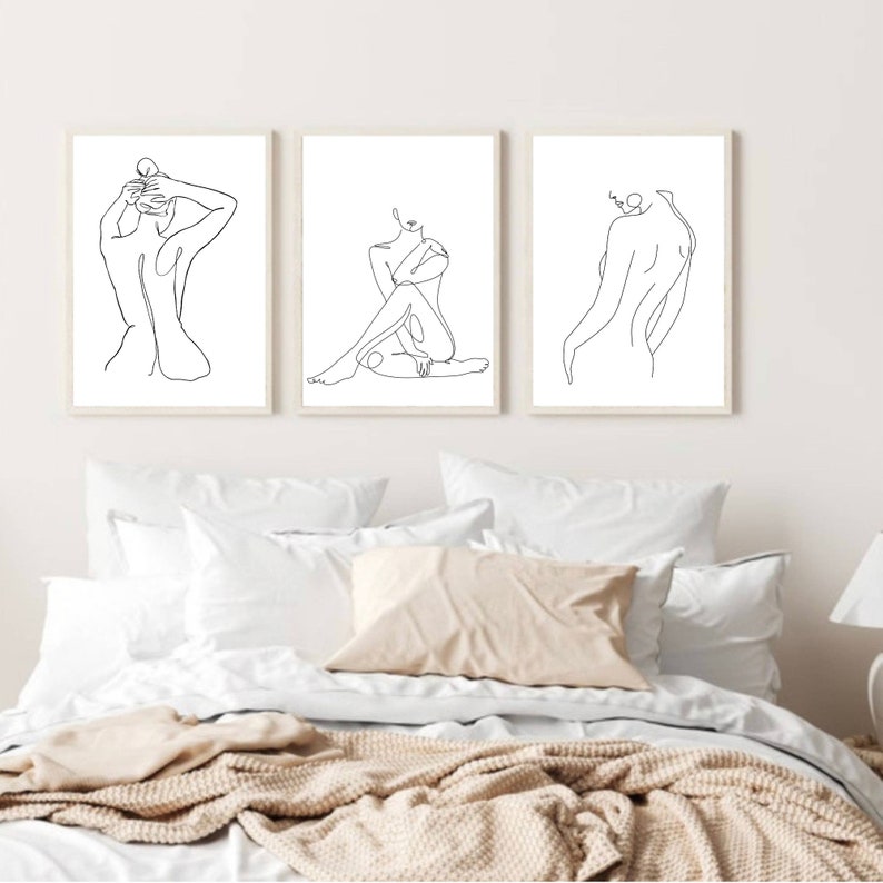 Woman Line Art Print, Set of 3 Prints, Nude Pencil Drawings, Minimalist ...