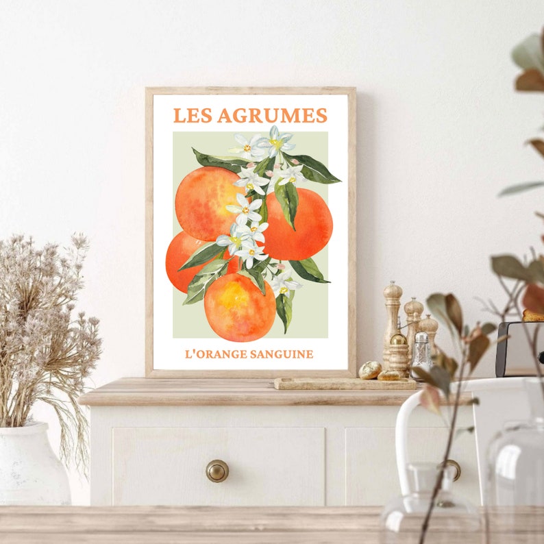 May include: A vintage-style poster with a watercolor illustration of oranges and white blossoms. The text reads "Les Agrumes L'Orange Sanguine".