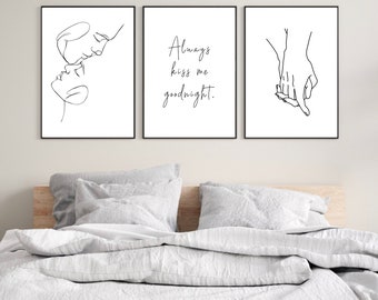 Set Of 3 Bedroom Prints, Always Kiss Me Goodnight, Wall Prints, Home Decor, Bedroom Prints, Minimalist, Bedroom Quotes, Above Bed Prints