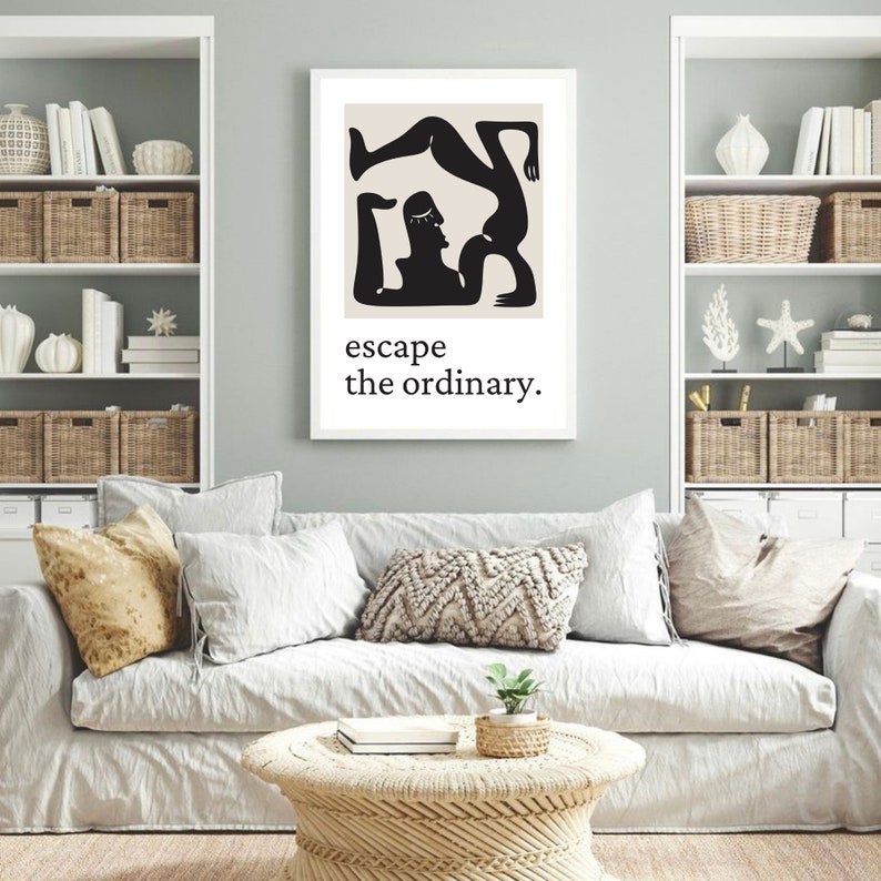 May include: A black and white illustration of two figures in a yoga pose. The text "escape the ordinary." is below the image.