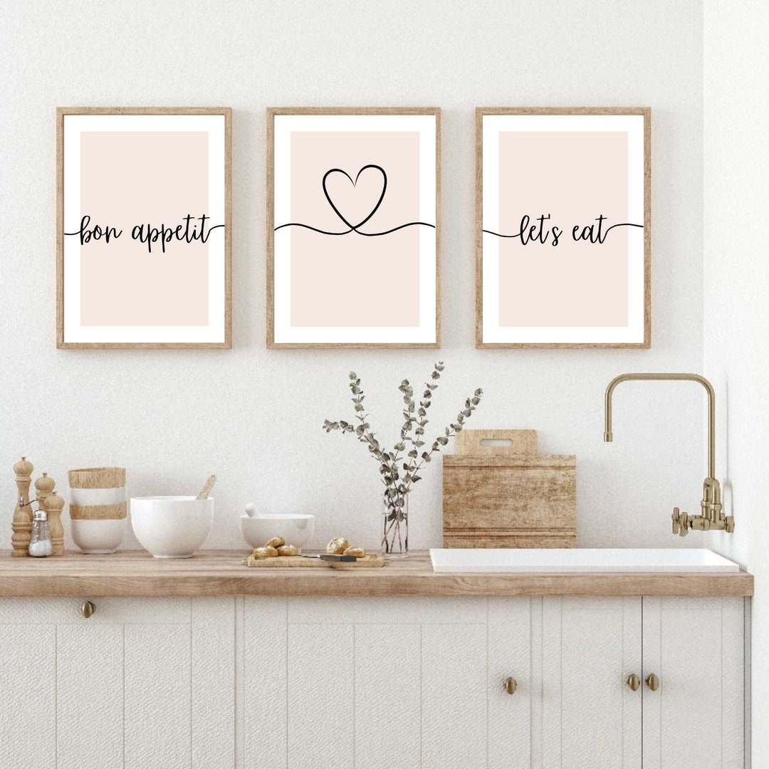 beige kitchen prints, dining room prints, set of 3,... Set of 3 Kitchen Prints, Kitchen Wall Decor, Bon Appetit Wall Print ...