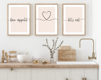 Set of 3 Kitchen Prints, Kitchen Wall Decor, Bon Appetit Wall Print, Housewarming Gift, Kitchen Prints, Dining Room Prints, Set Of Prints