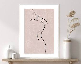 Arte lineal de mujer, Dibujo lineal de mujer, Arte lineal abstracto, Impresiones rosas para dormitorio, Impresiones para dormitorio, Impresiones femeninas, Arte lineal femenino