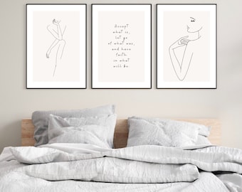 3er-Set Schlafzimmerdrucke, Akzeptieren Sie, was ist Druck, Schlafzimmer Wanddrucke, Schlafzimmer Drucke, Wohnkultur, Minimalistisch, Schlafzimmer Zitate, Inspiration
