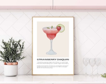 Strawberry Daiquiri Cocktail Print | Cocktails Art | Cocktail Recipe | Rum Lover Gift | Rum Gifts | Kitchen Wall Print | Kitchen Poster