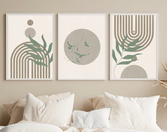 May include: Set of three abstract art prints with a minimalist design featuring brown and beige stripes, green leaves, and gray circles. The prints have a modern and contemporary aesthetic.
