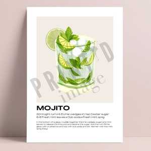 Puede incluir: Una receta para un c&oacute;ctel Mojito con una ilustraci&oacute;n de acuarela de un vaso de mojito. La receta pide 50 ml de ron blanco, 4-6 gajos de lima, 1 cucharadita de az&uacute;car, 6-8 hojas de menta fresca, soda club y una ramita de menta fresca.