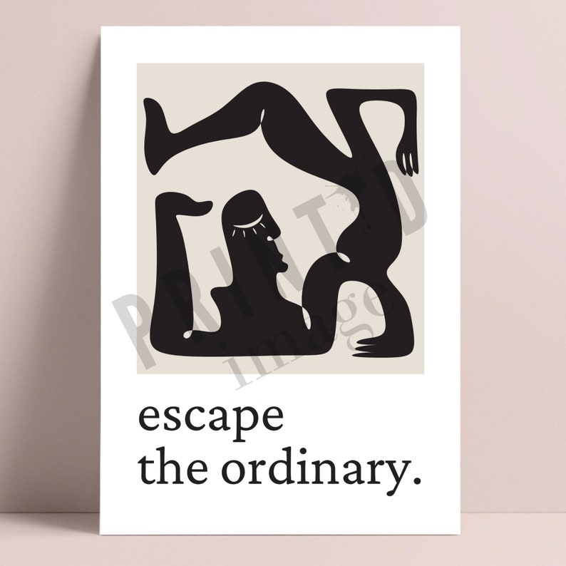 May include: Black and white illustration of two figures in a yoga pose. The text "escape the ordinary." is below the figures.