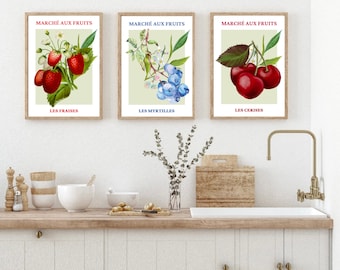 Fruit Market Poster, Set Of 3 French Fruit Art Prints, Fruit Wall Art, Kitchen Print, Home Decor, Wall Prints, Posters, Wall Art, Kitchen
