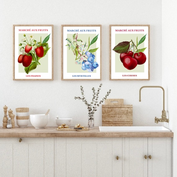 Fruit Market Poster, Set Of 3 French Fruit Art Prints, Fruit Wall Art, Kitchen Print, Home Decor, Wall Prints, Posters, Wall Art, Kitchen