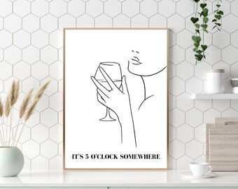 Kitchen Print, Kitchen Wall Art, It's 5 O'clock Somewhere Print, Line Art Drawing, Kitchen Decor, Fun Wall Prints, Gifts For Her, Minimalist