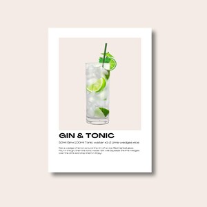 Gin And Tonic Cocktail Print | Gin Print | Cocktail Art Recipes | Cocktail Art | Gin Gifts | Kitchen Poster | Kitchen Art | Kitchen Print