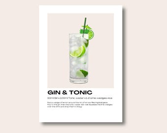 Puede incluir: Un vaso alto lleno de hielo, agua tónica y una rodaja de lima. El vaso tiene una pajita verde y está adornado con una rodaja de lima y una ramita de menta. El texto "GIN & TONIC" está escrito en negro en la parte inferior de la imagen, junto con los ingredientes: "50ml Gin, 100ml Tonic water, 1-2 Lime wedges, ice".