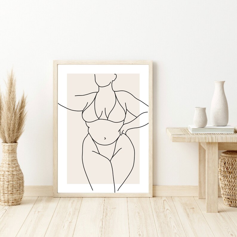 May include: A line drawing of a person in a swimsuit, with a beige background. The drawing is in a simple, minimalist style.