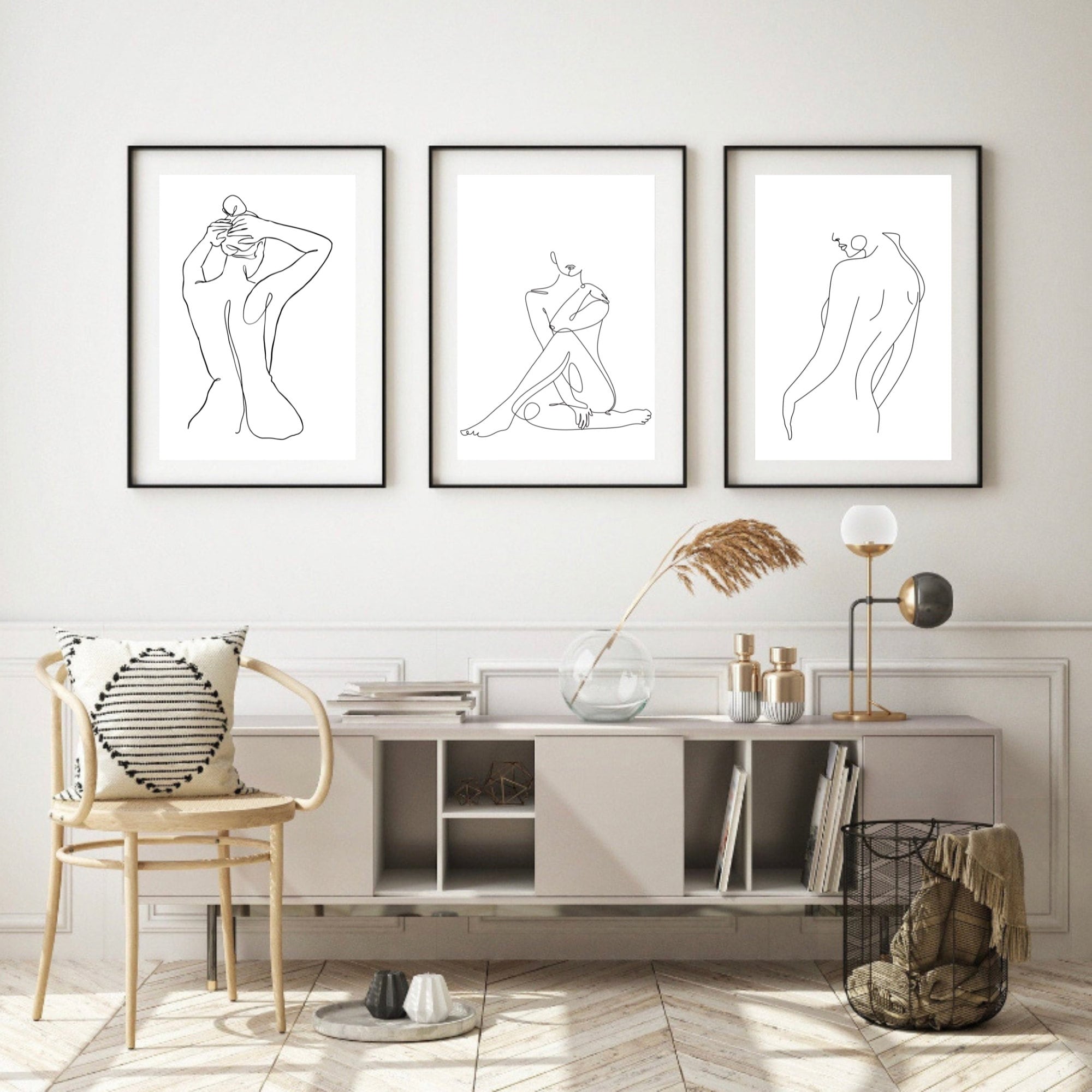 Woman Line Art Print, Set of 3 Prints, Nude Pencil Drawings, Minimalist ...