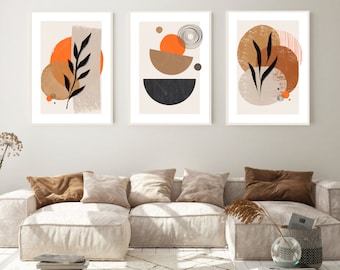 Boho Abstract Wall Prints, Set Of 3 Prints, Living Room Prints, Modern Art, Modern Home Decor, Orange Abstract Prints, Contemporary