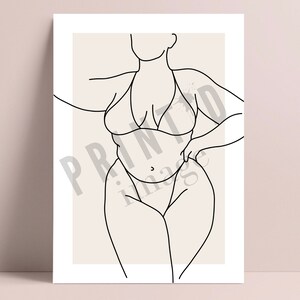 May include: Line art drawing of a person in a bikini. The drawing is in black and white and is on a beige background.