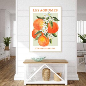 May include: A vintage-style poster with a watercolor illustration of blood oranges and white blossoms. The poster has the text "LES AGRUMES L'ORANGE SANGUINE" in French.