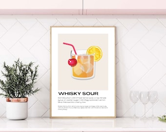Whisky Sour Cocktail Print | Cocktail Print | Cocktail Recipes | Cocktail Art | Cocktails Gift | Kitchen Poster | Gifts | Kitchen Art