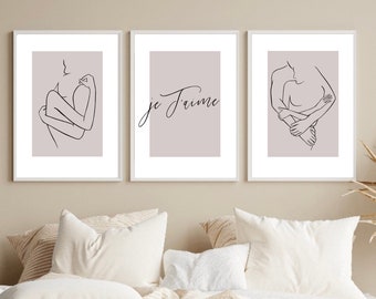 Zestaw 3 wydruków do sypialni, wydruk Je T'aime, wydruki ścienne, wystrój domu, wydruki do sypialni, minimalistyczny, cytaty do sypialni, wydruki ścienne Blush