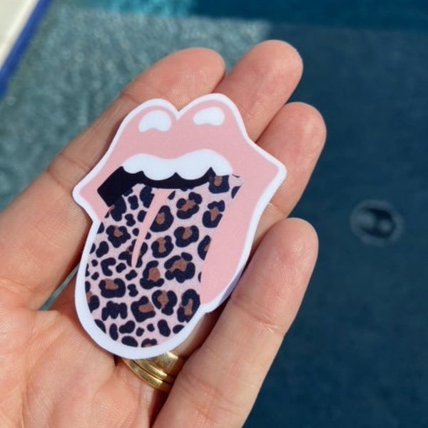cheetah print Rolling Stones tongue logo Sticker | Laptop Sticker Aesthetic Stickers Waterbottle Sticker Computer Stickers, Die cut Sticker