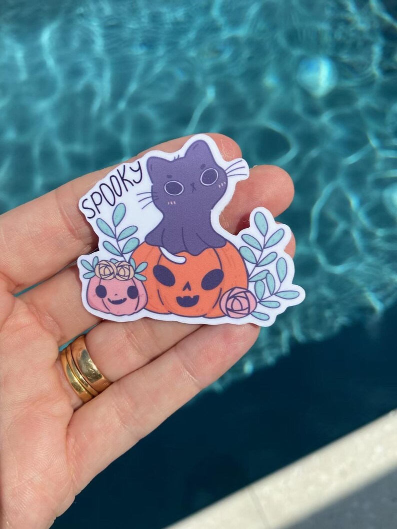 Halloween Cat Pumpkin Vinyl Sticker, Waterproof Laptop Decal - Etsy