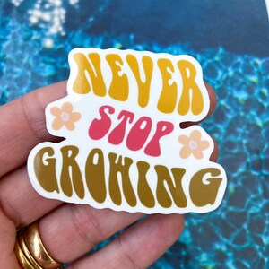 May include: A white sticker with the text "Never Stop Growing" in a retro font. The words "Never" and "Growing" are in brown, "Stop" is in pink, and there are two small white flowers with yellow centers on either side of the word "Stop".