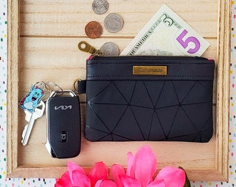Black Geometric Keychain Wallet, Vegan Slim Wallet, Faux Leather Wristlet, Fun Coin Purse, Mini Wallet, Cardholder Keychain, Gift for Her
