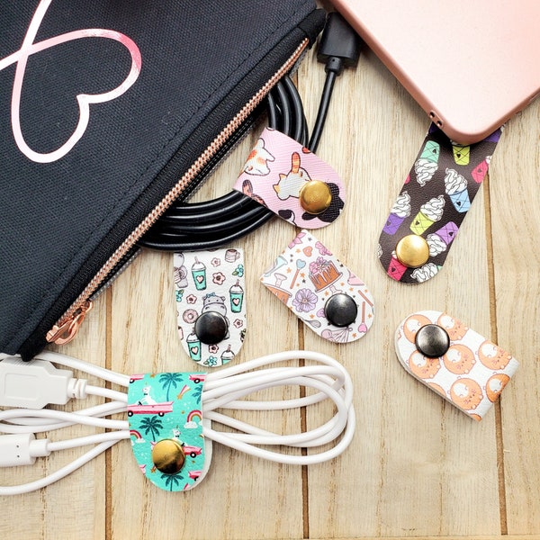 Cable Organizer Cute, Small Cord Wraps, Vegan Leather Cord Holders, Headphone Cord Wrap, Travel Cord Organizer, Tech Accessories