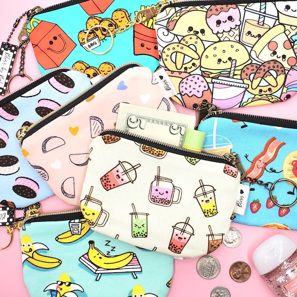 Small Zip Pouch with Cute Food Print, Coin Purse with Keychain, Fun Change Purse, Kawaii, Boba Tea, Tacos, Bananas, Doughnuts, Strawberries