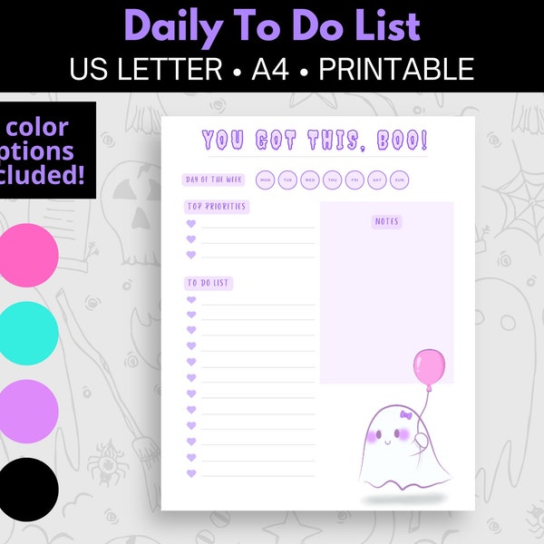 Daily Checklist, Goth Stationery, Cute Ghost, Daily Task List, Creepy Cute, Printable To Do List, Instant Download, Printable Notepad