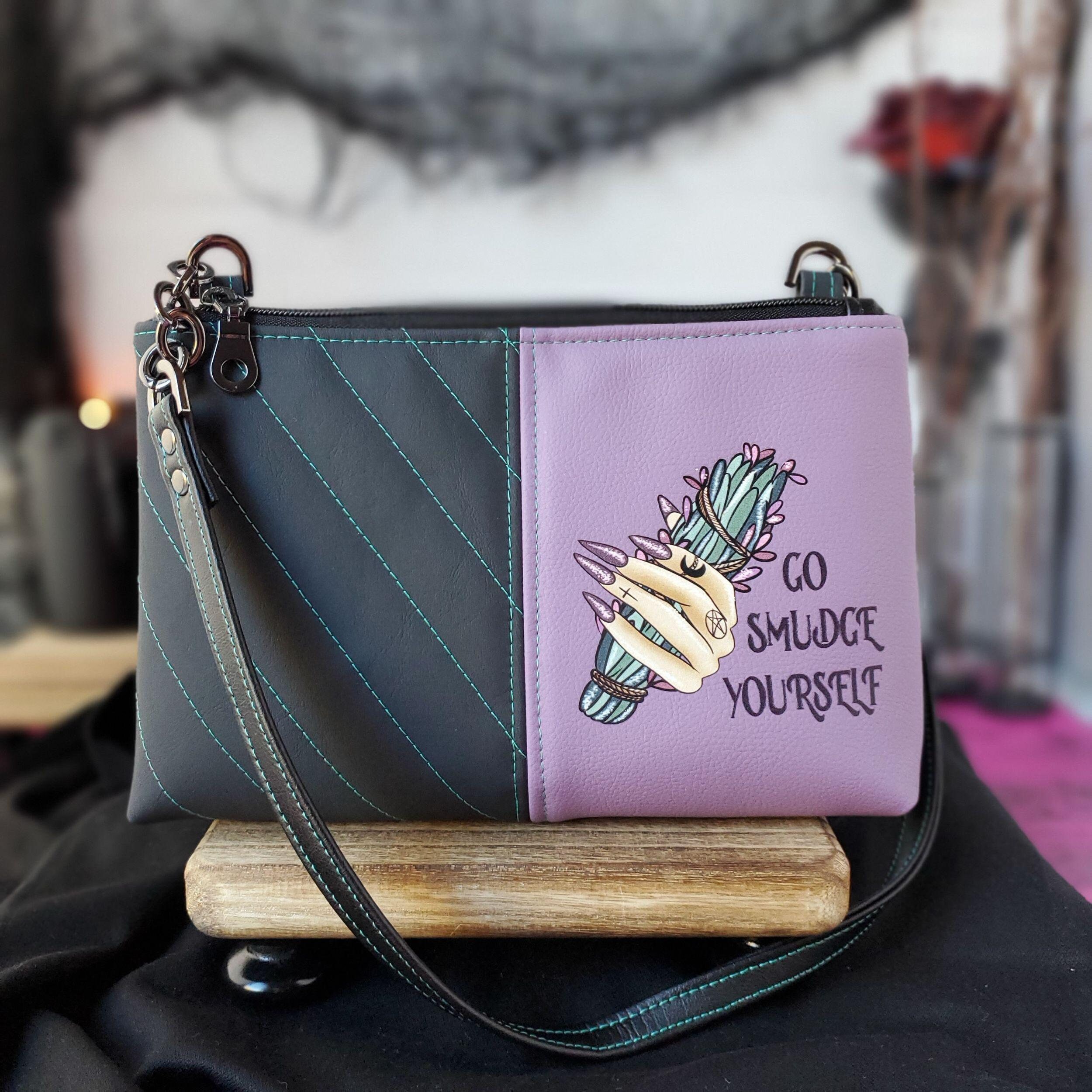 Go Smudge Yourself Witchy Crossbody Bag, Goth Purple and Black Handbag with Sage Bundle and Spooky Vibes, Occult Witchcore Purse