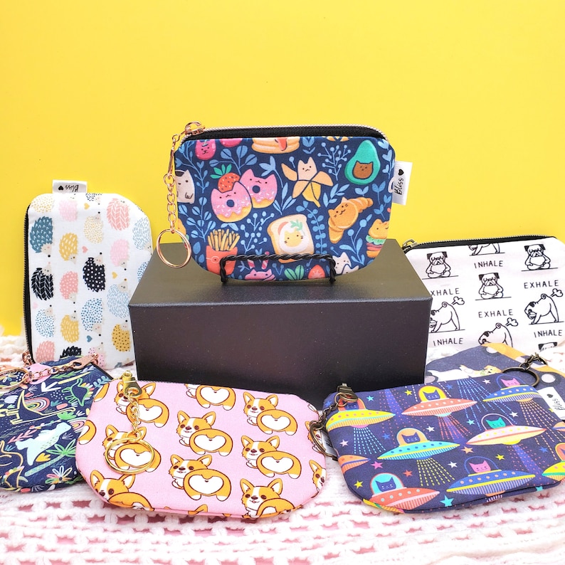 Small Zip Pouch with Cute Animals, Coin Purse with Keychain, Fun Change Purse, Kawaii, Space Cats, Dinosaurs, Corgis, Hedgehogs, Unicorns image 3